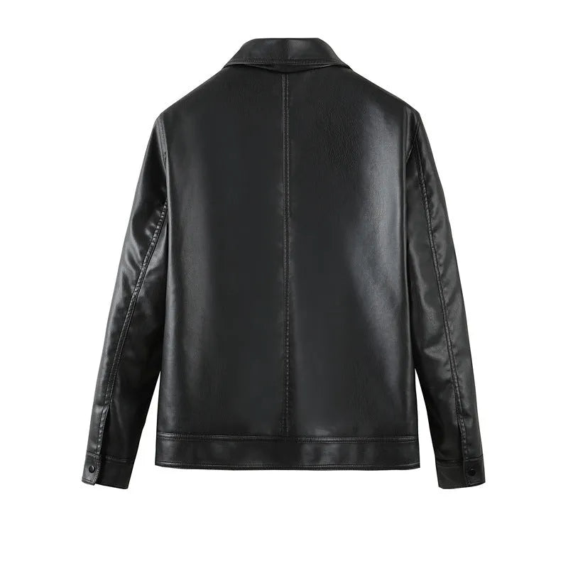 Men's black PU leather casual jacket showing front zipper and zippered pockets
