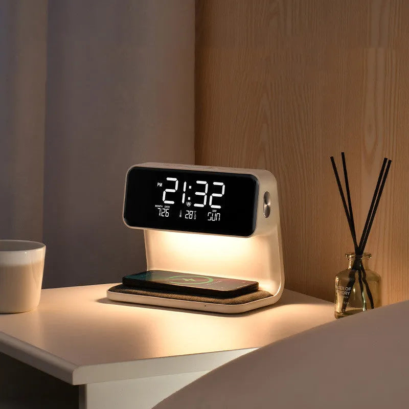 White 3-in-1 bedside lamp with wireless charging pad, LCD clock display, and touch controls.