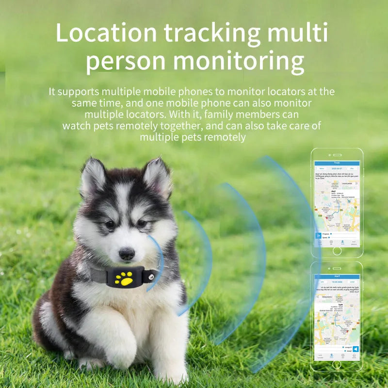 Waterproof GPS pet tracker in black casing with yellow interior showing compact dimensions for collar attachment