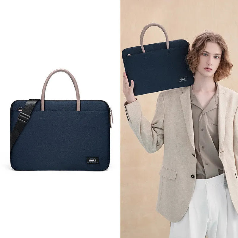Thin nylon notebook business handbag with zipper closure and soft handle, in dark blue, sized for 15.6 inch laptops
