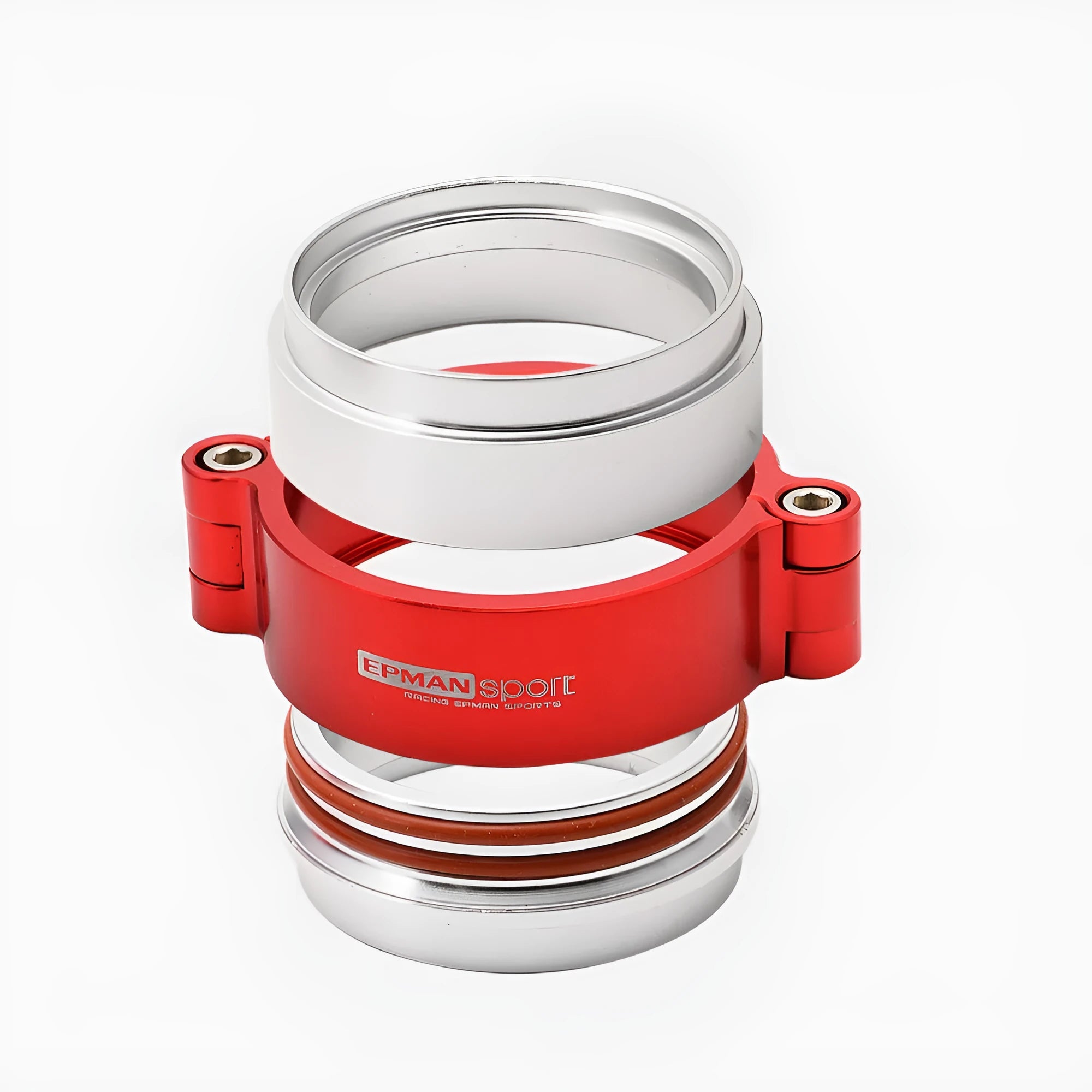 Aluminium fixed movement clamp for car exhaust modification in black, blue, or red.
