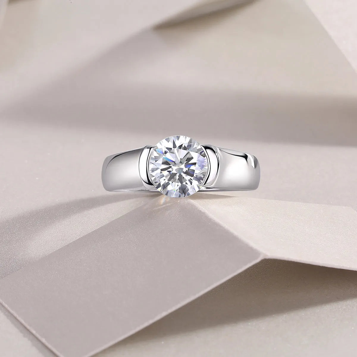 Moissanite wedding ring set, 2 carat stone, S925 silver with platinum plating, sizes 5 to 9, gift box