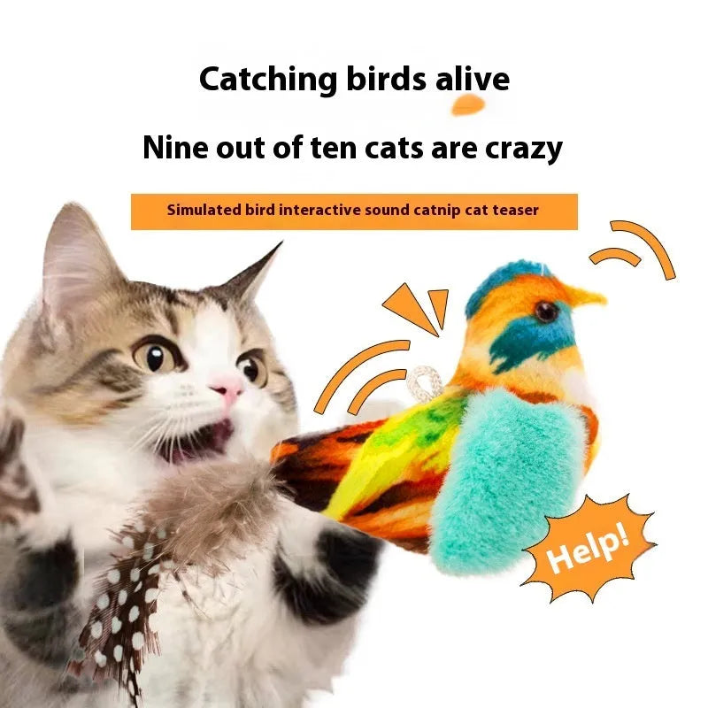 Bird simulation cat plush toy in four colour variations: colourful bird, sparrow, blue kingfisher, yellow bird