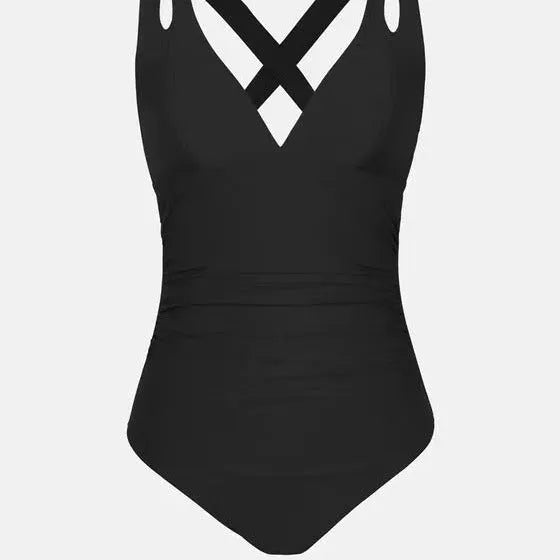 Solid colour one-piece swimsuit with triangle top and cross-back shoulder straps