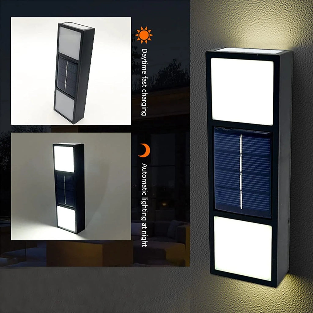 Solar outdoor wall lamp waterproof with bidirectional sensor, ABS housing, 63x120x30mm dimensions, warm white light
