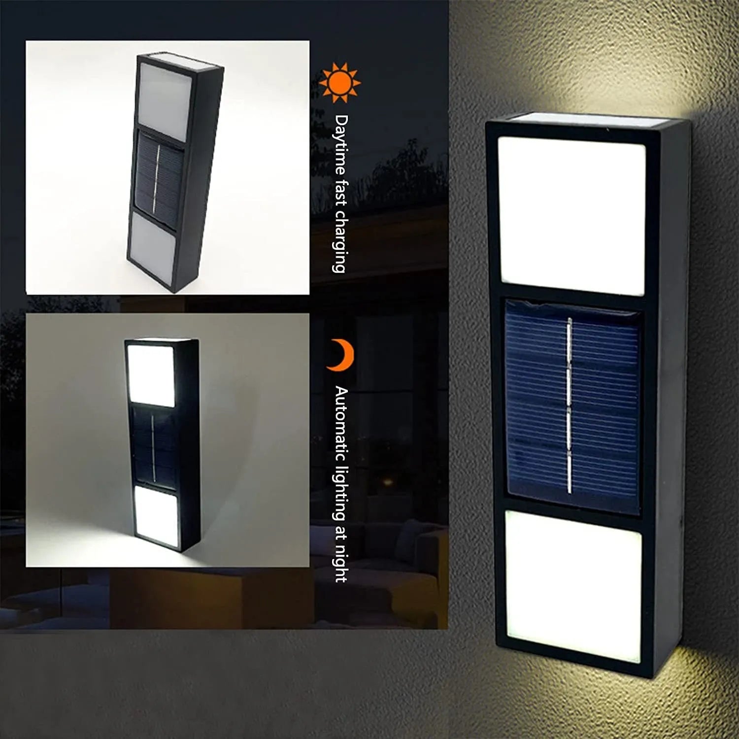 Solar outdoor wall lamp waterproof with bidirectional sensor, ABS housing, 63x120x30mm dimensions, warm white light