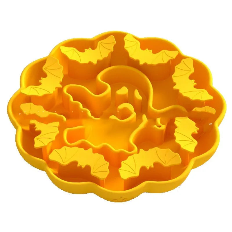 Silicone dog slow feeder bowl in a hexagonal shape on a floor, showing textured surface for slowing eating pace.