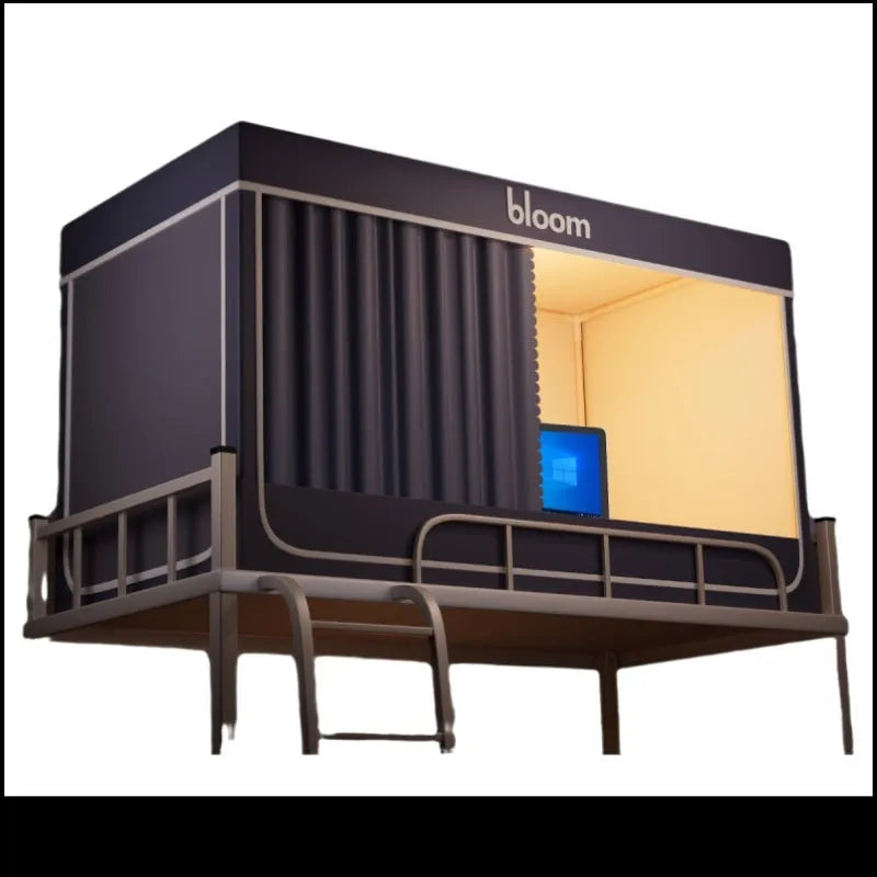 Grey polyester bed curtain with integrated mosquito net for 0.9m beds with light blocking sides