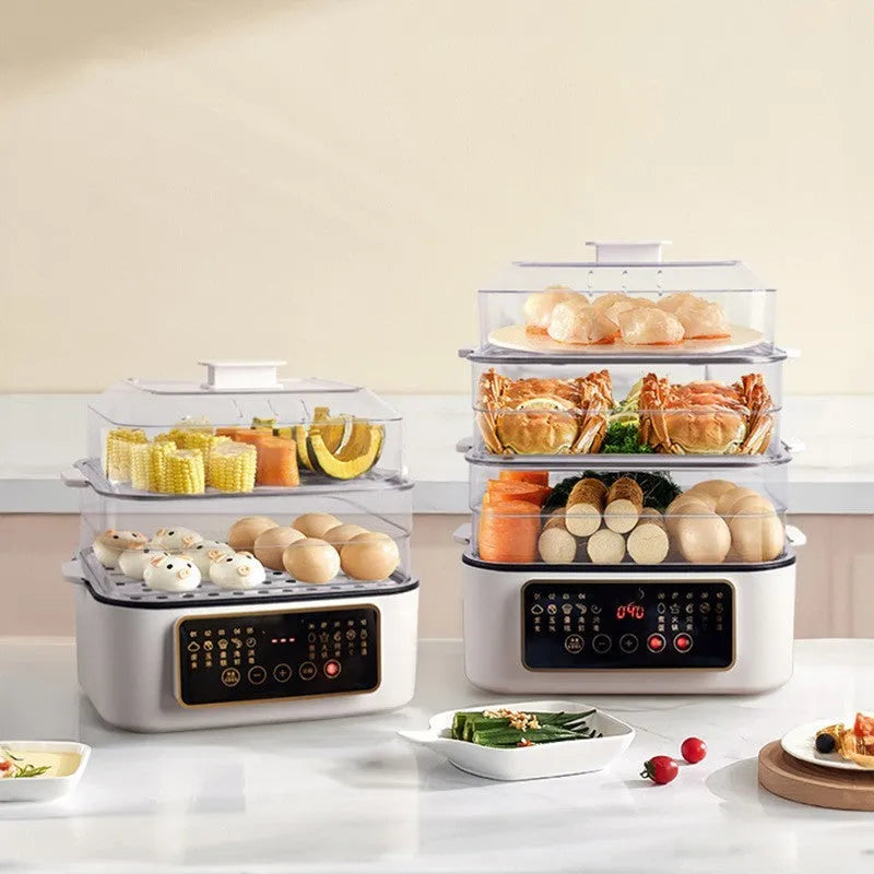Stainless steel electric steamer appliance with 10+ litre capacity and stainless steel steaming rack