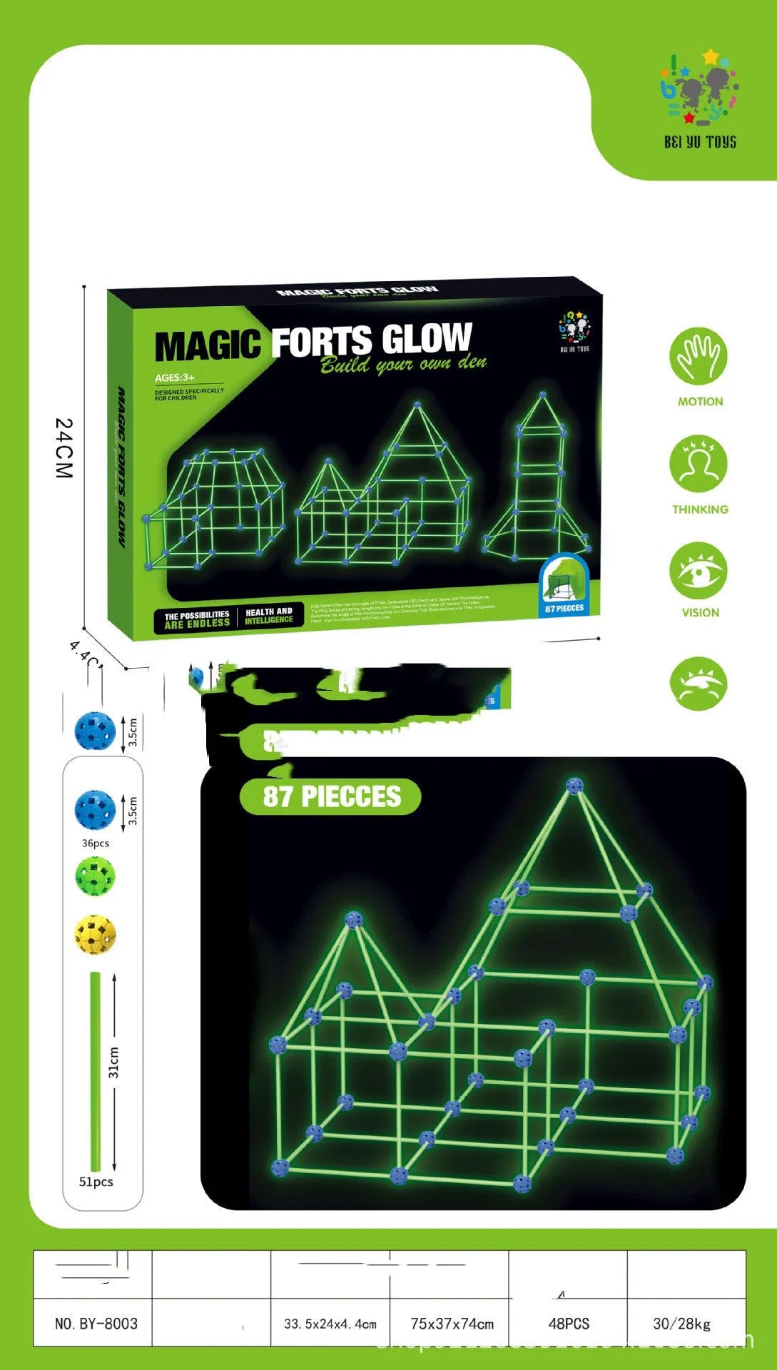 Luminous children's fort building kit with plastic sticks and connector balls for constructing castles and play tents