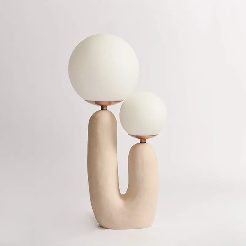 Double-head resin table lamp with pink baking paint finish, glass shade, 49cm height, on bedside table