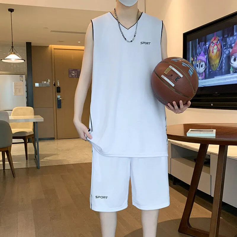 Men's basketball sports set with sleeveless vest and matching shorts in thin polyester fabric