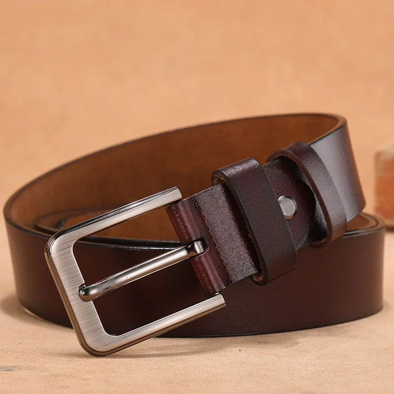 Square head pin buckle casual belt in black or brown, showing alloy buckle and strap.