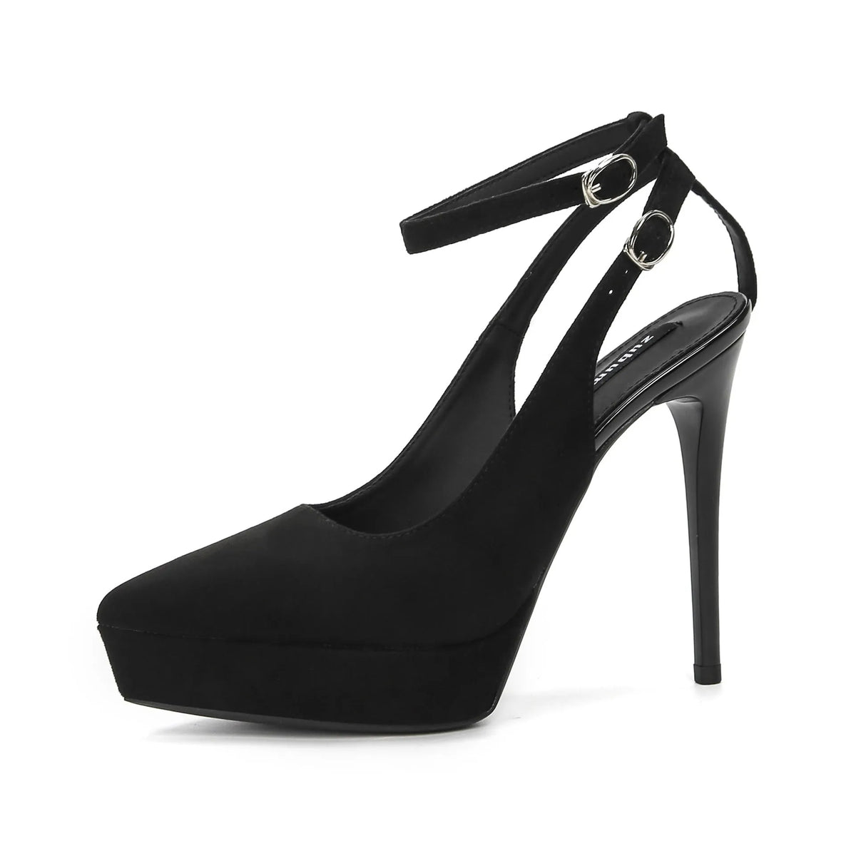 Black waterproof platform stiletto heels with pointed toe, satin or suede finish, rubber sole, 8-12cm heel