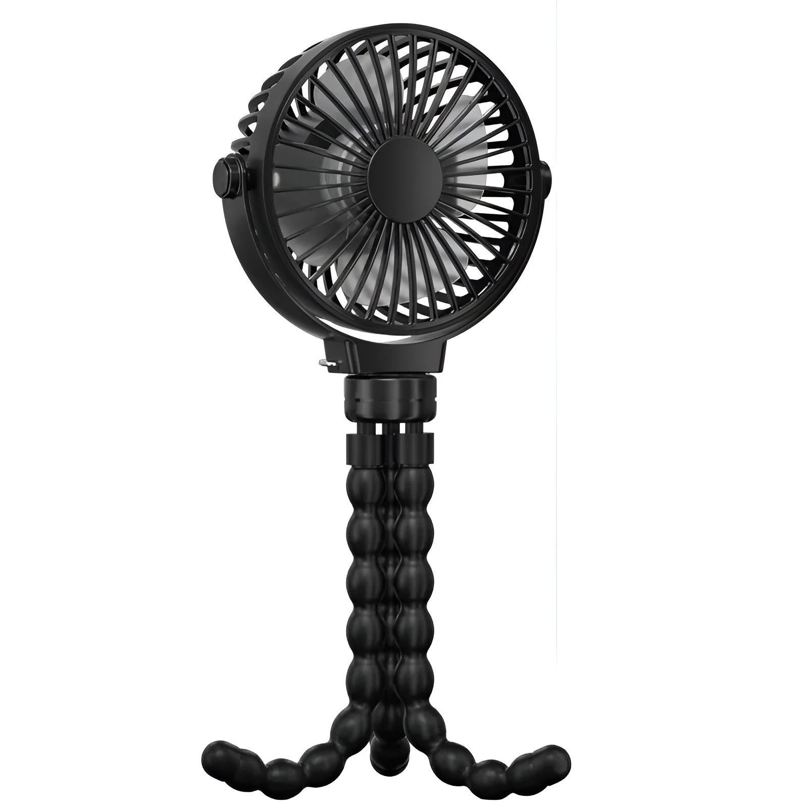 Black flexible tripod clip-on portable fan showing 360° rotation head and safety barrier around blades.