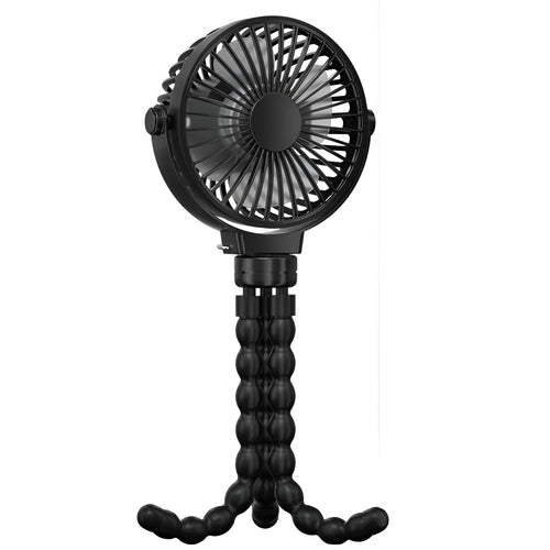 Black flexible tripod clip-on portable fan showing 360° rotation head and safety barrier around blades.