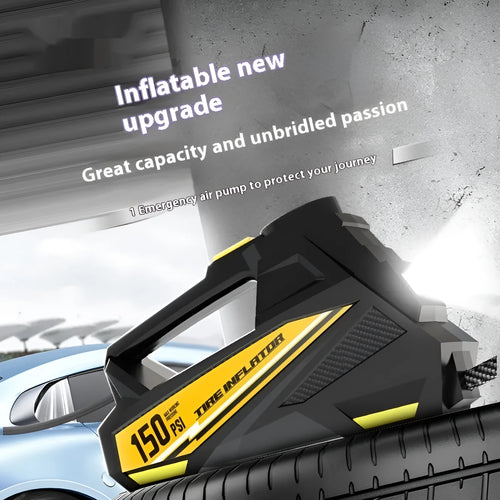 Black 12V portable digital tyre inflator with LED light and display, shown with air hose and power cable.