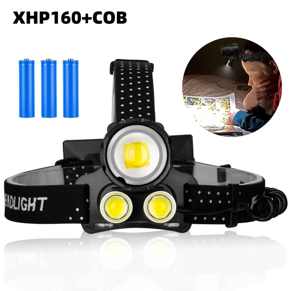 Waterproof USB rechargeable headlamp 4500 lumen with XHP160 LED, 2 COB lights, IPX6, adjustable zoom and power output.