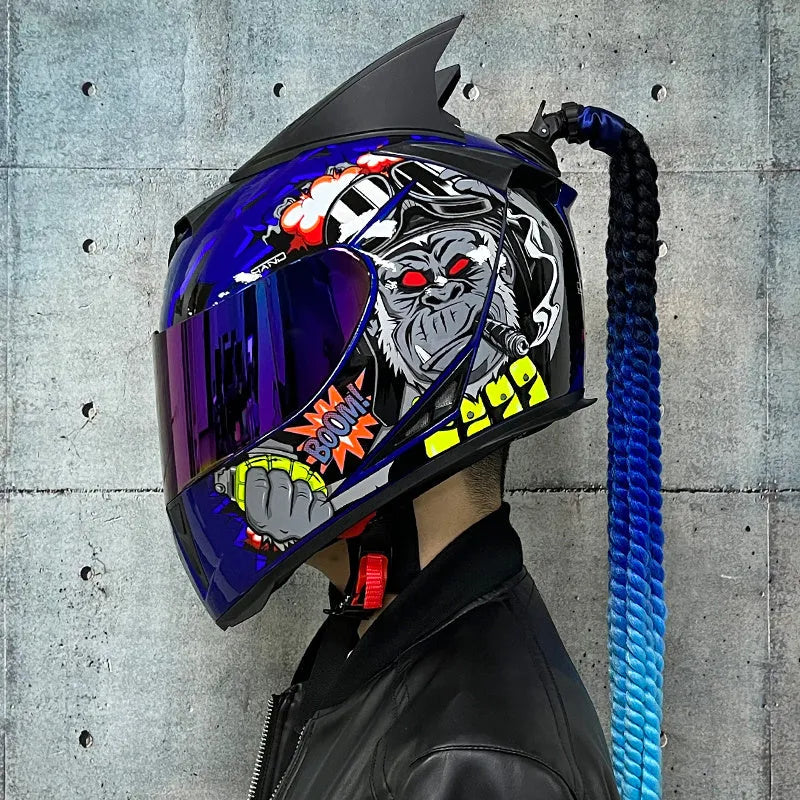 Dirty Braids full-face motorcycle helmet with graphic design options on an ABS shell.