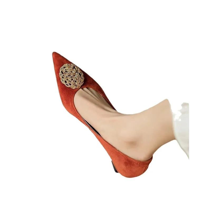 Women's suede stiletto pointed-toe shoes in black or orange with rubber sole and shallow mouth cut under 7cm