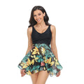 Women's one-piece swimsuit with a black tulle skirt and high-leg split design