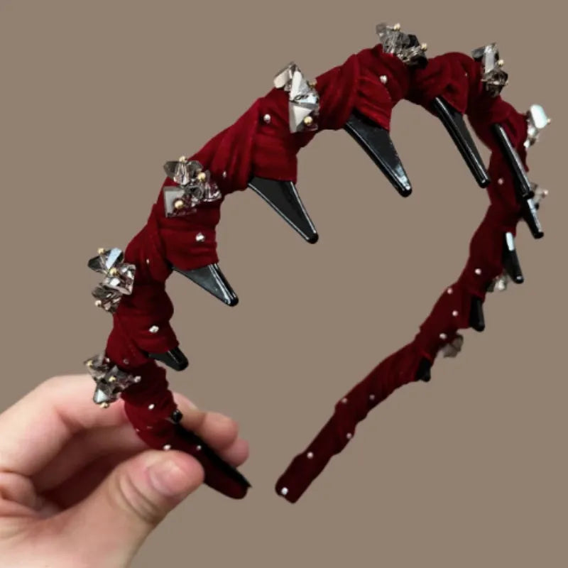 Velvet hairband with crystal wave decoration in non-slip design for face care routines
