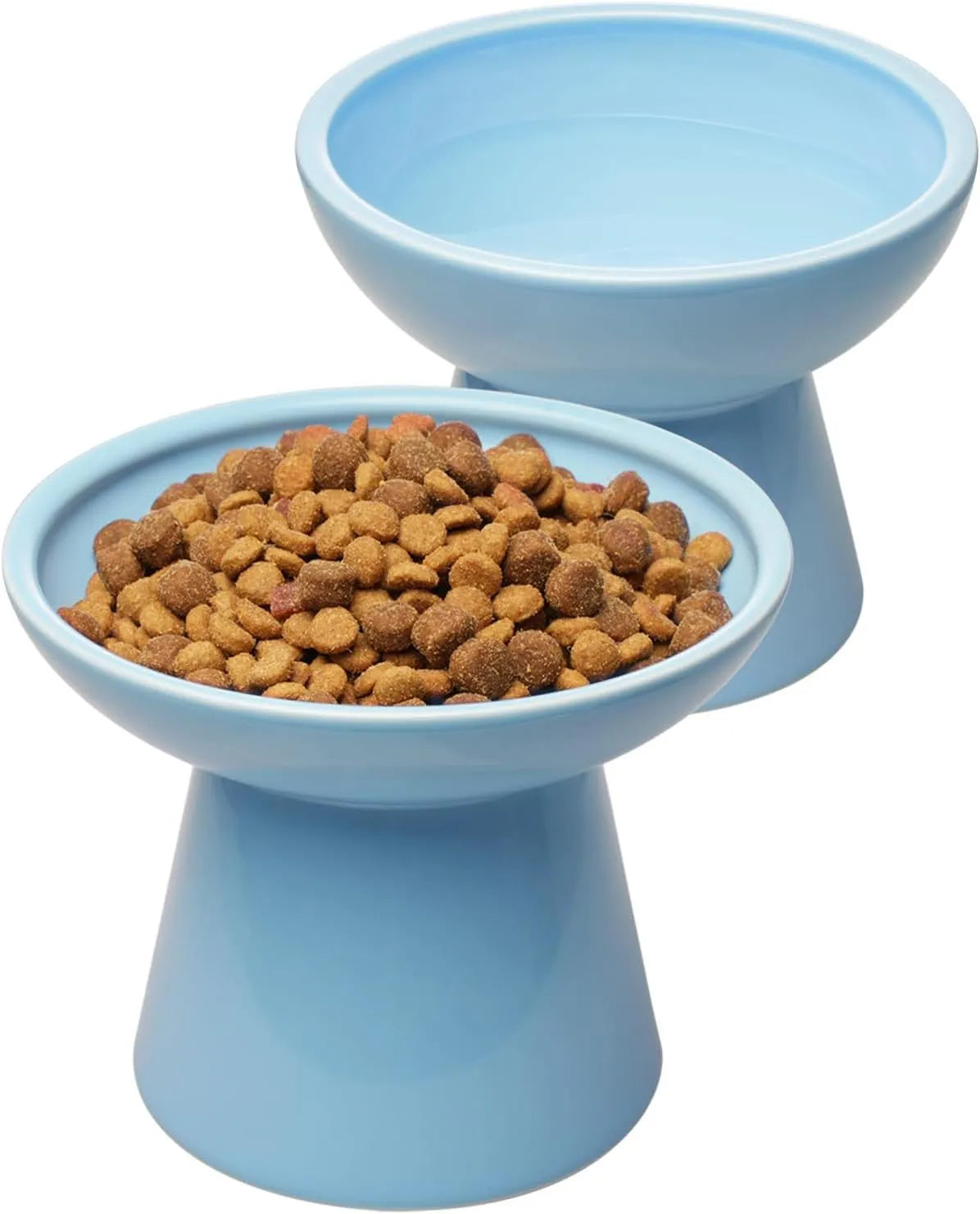 Wide shallow ceramic elevated cat food bowl in blue colour showing dimensions