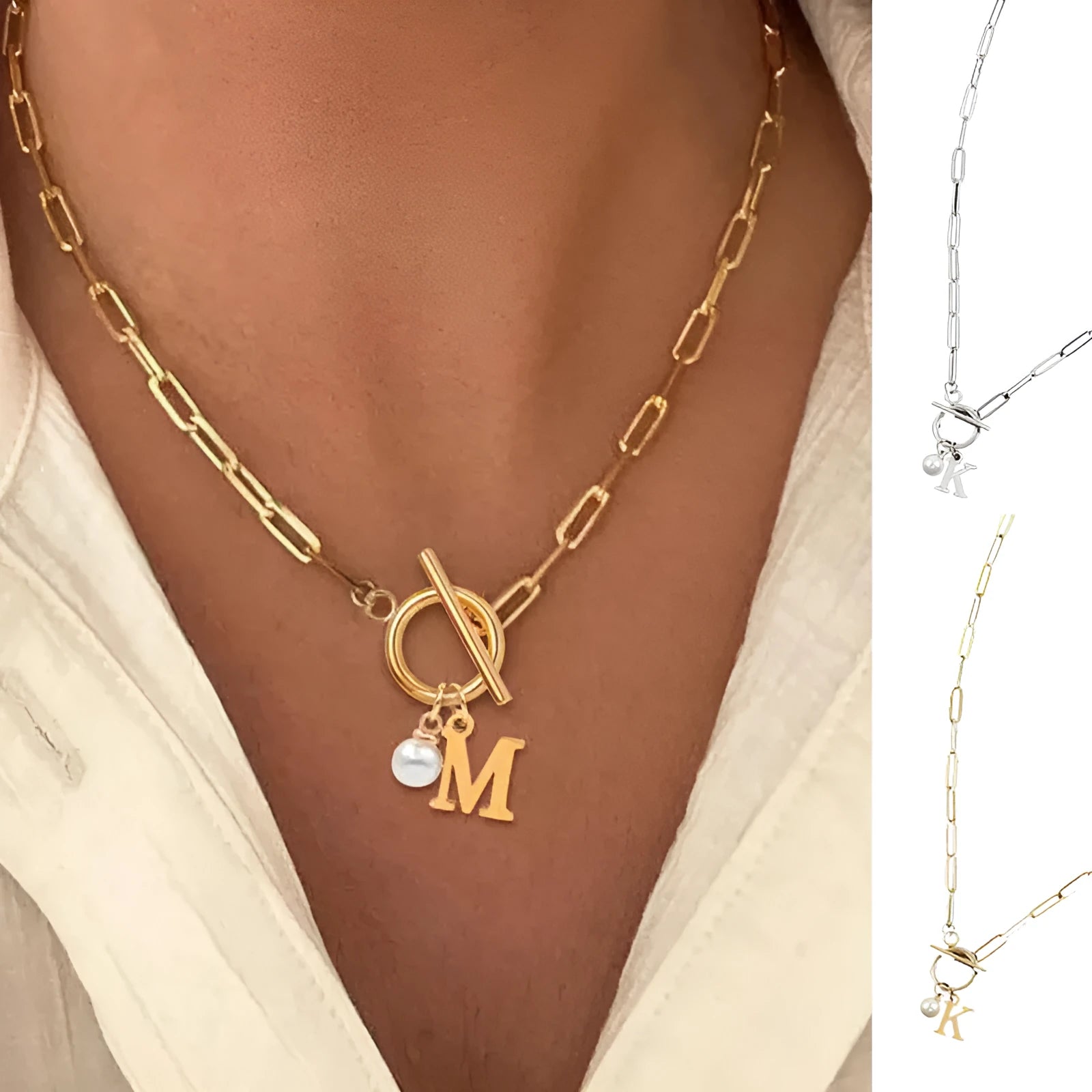 Stainless steel clip chain necklace with raised letter A pendant and imitation pearl in gold colour on a white background