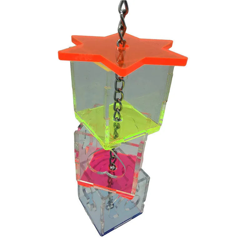 Clear acrylic parrot foraging toy measuring 5cm by 32cm for bird food and treats
