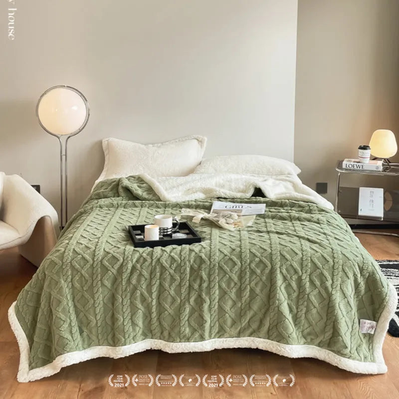 Double bed winter thermal flannel blanket in beige colour showing thickened texture and modern simplicity design