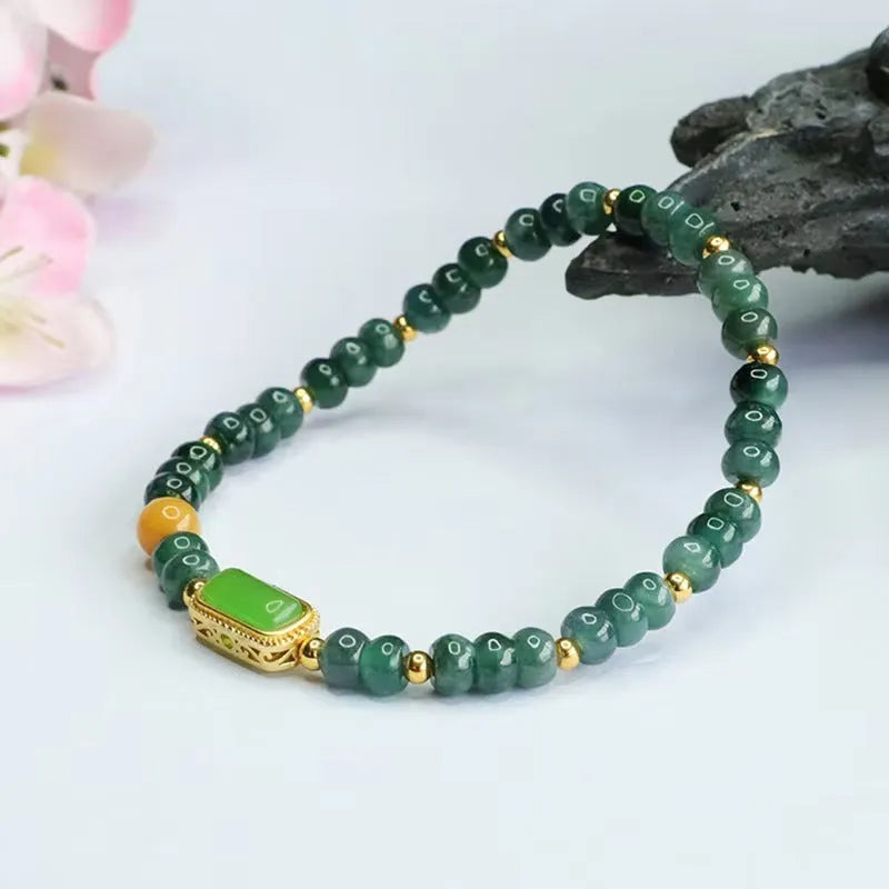 Natural stone blue water jade and topaz bracelet with geometric design and electroplated finish
