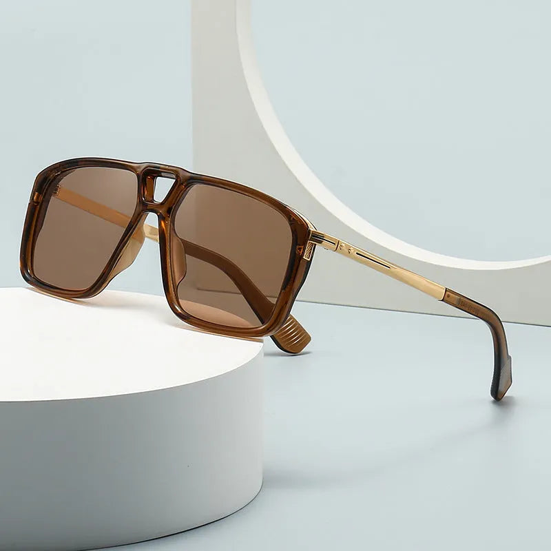 Men's retro double square sunglasses in six colour and style variations on a display.