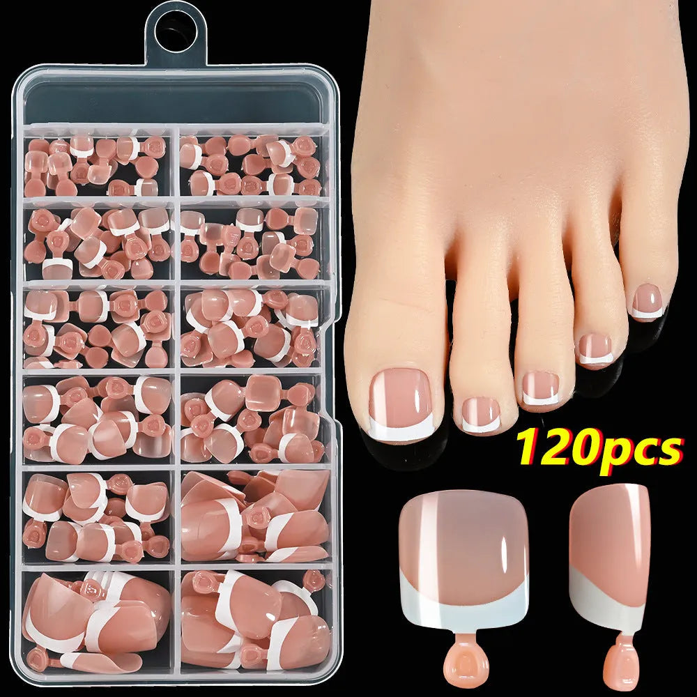 Box of 120 French style nude square artificial toe nail pieces in nine colour shades
