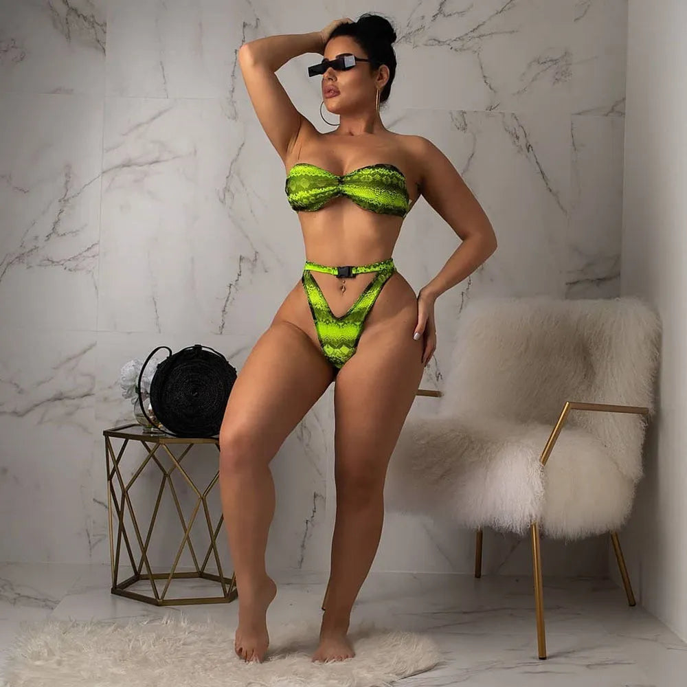 Women's snakeskin print polyester bikini set with long sleeves and shorts in purple, blue or green