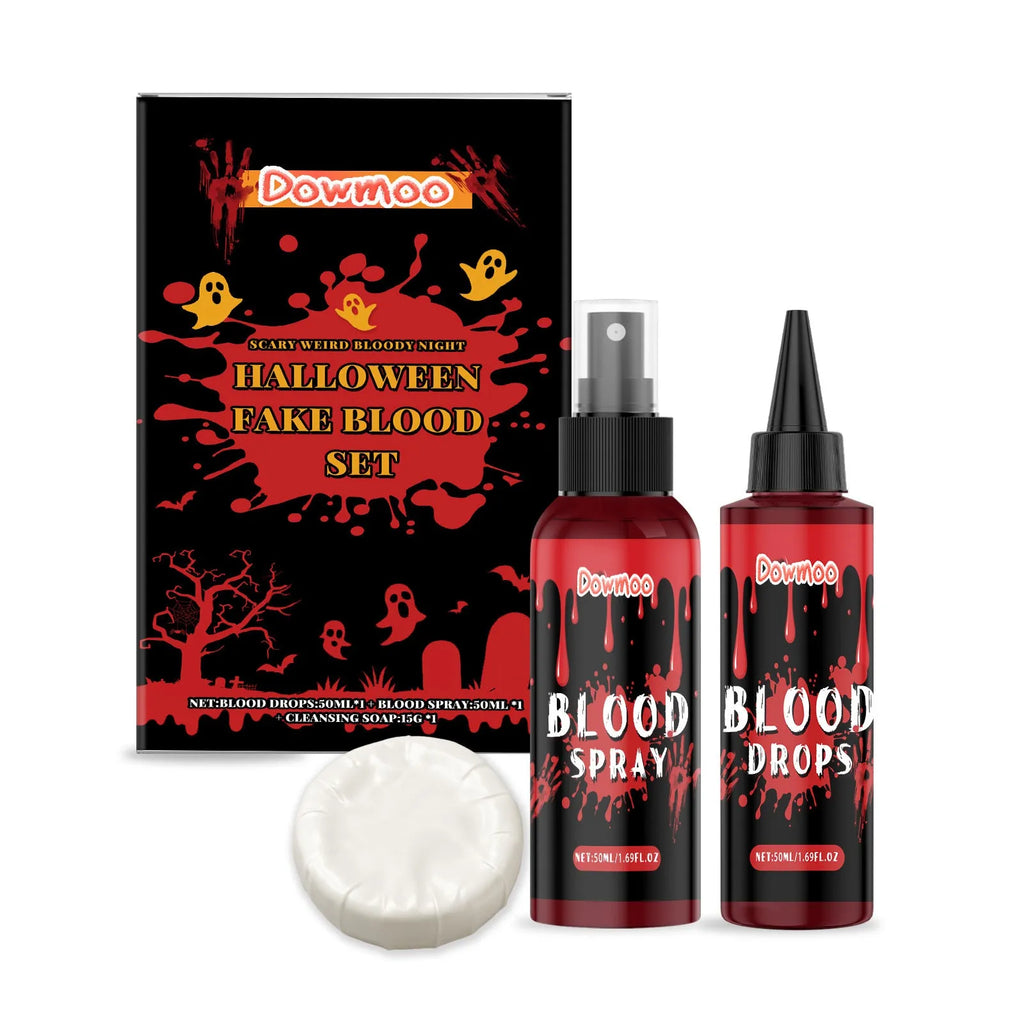 3-piece washable fake blood set with plasma drops, spray bottle, and facial soap for special effects makeup