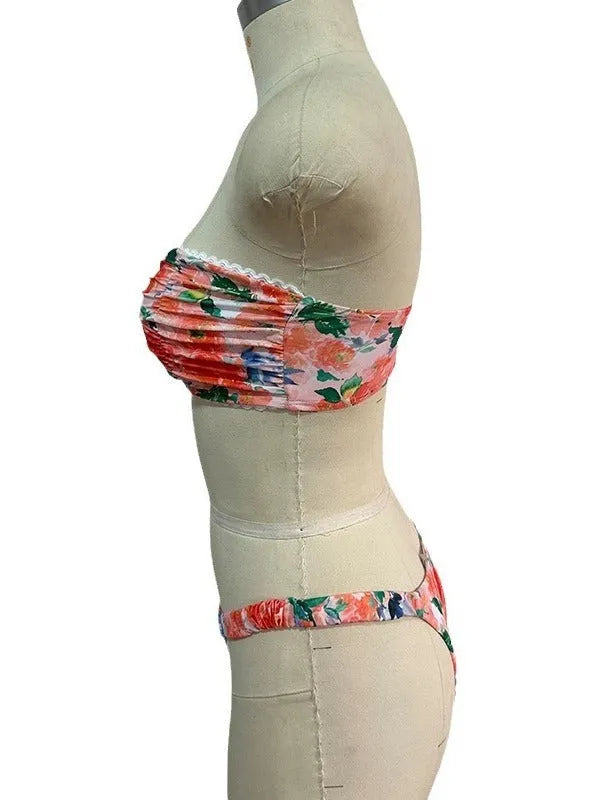 European American floral print swimwear bikini set with tube top and briefs in blue colour