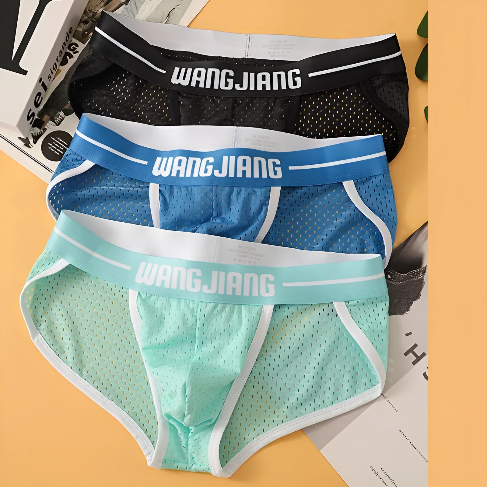 Men's ice silk mesh breathable triangle underwear in black, shown in a briefs style