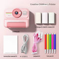 Children's printing camera in plastic body with instant black and white print function, showing camera and printed photo