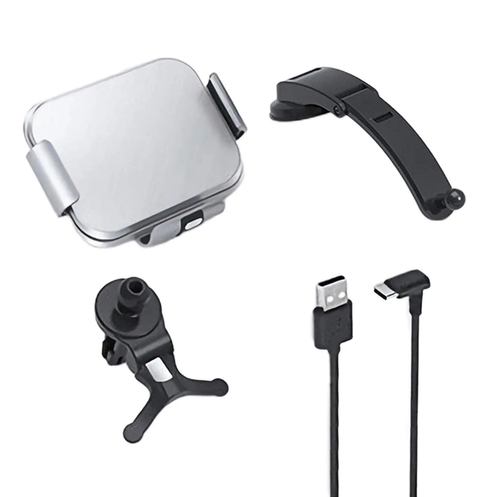 Grey and white wireless charging mobile phone holder for car with folding screen, air conditioner clip, and suction cup bracket.