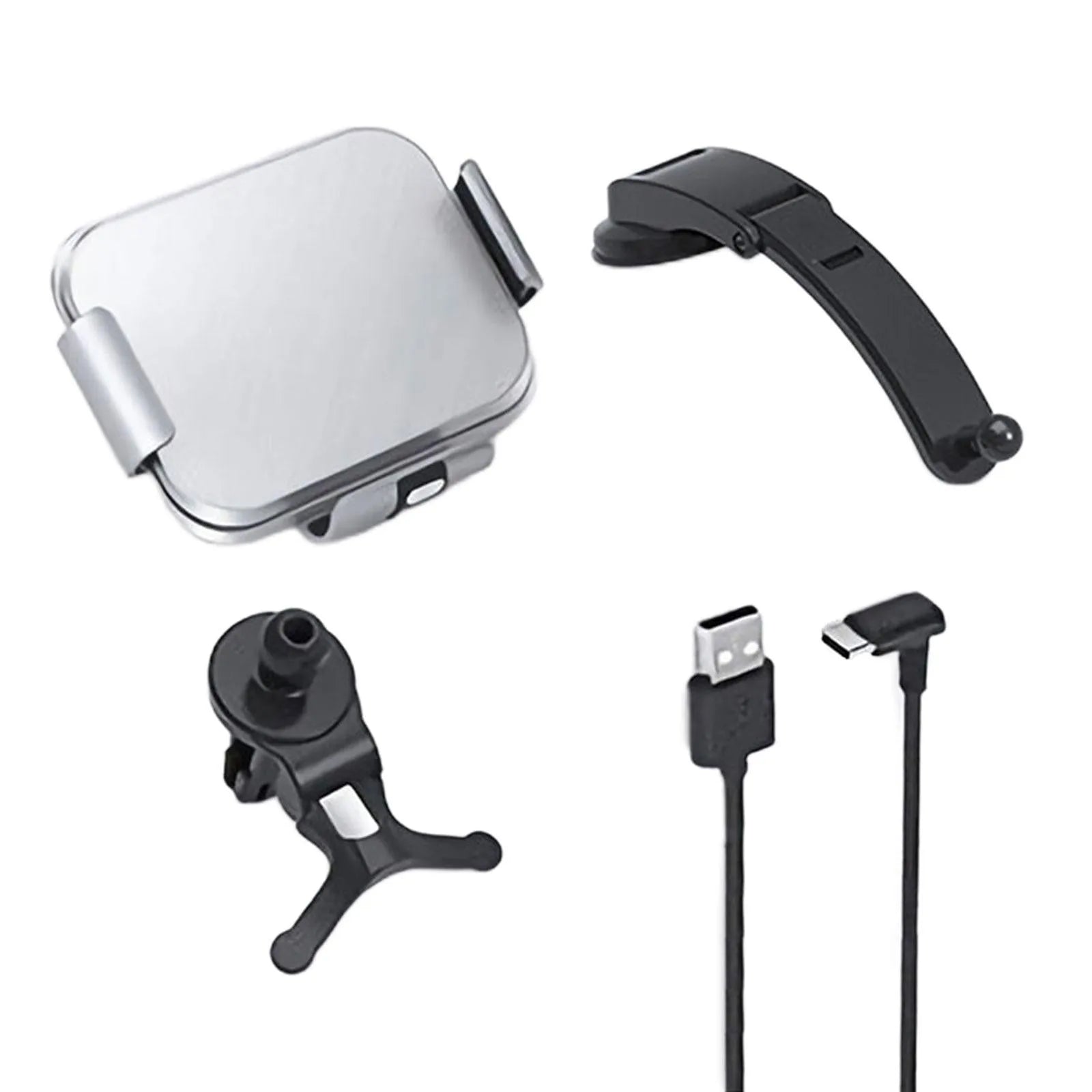 Grey and white wireless charging mobile phone holder for car with folding screen, air conditioner clip, and suction cup bracket.