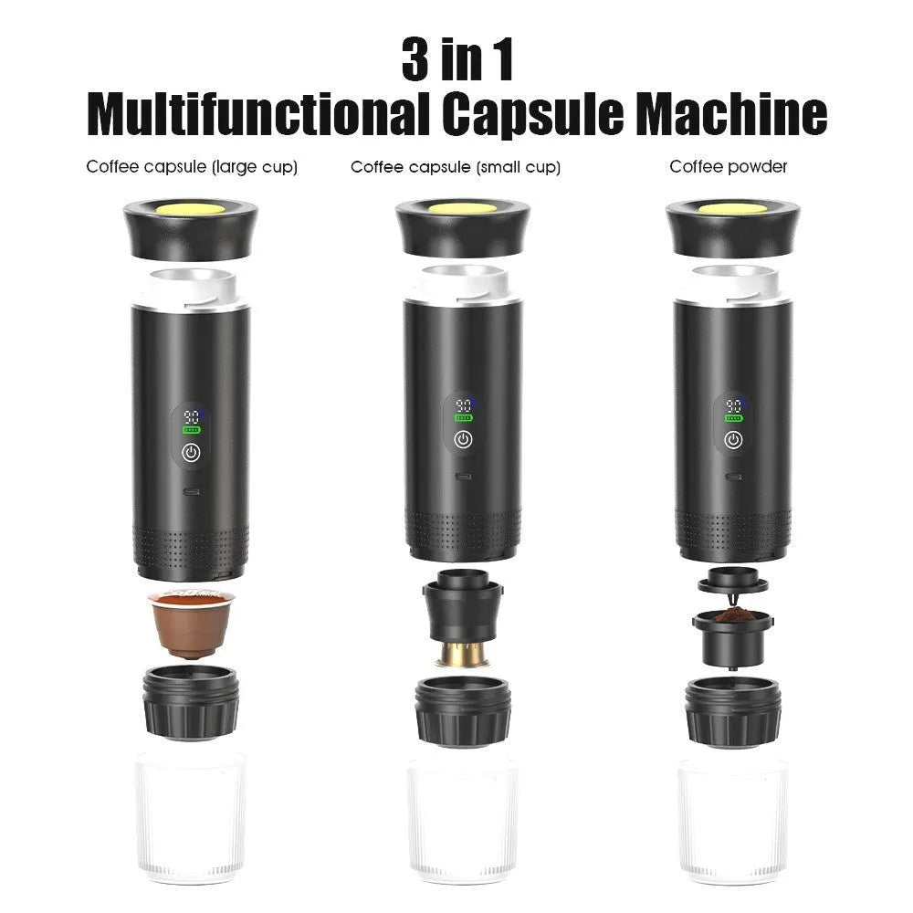 Black portable capsule coffee machine for electric car travel with LCD display and compact 80ml water tank