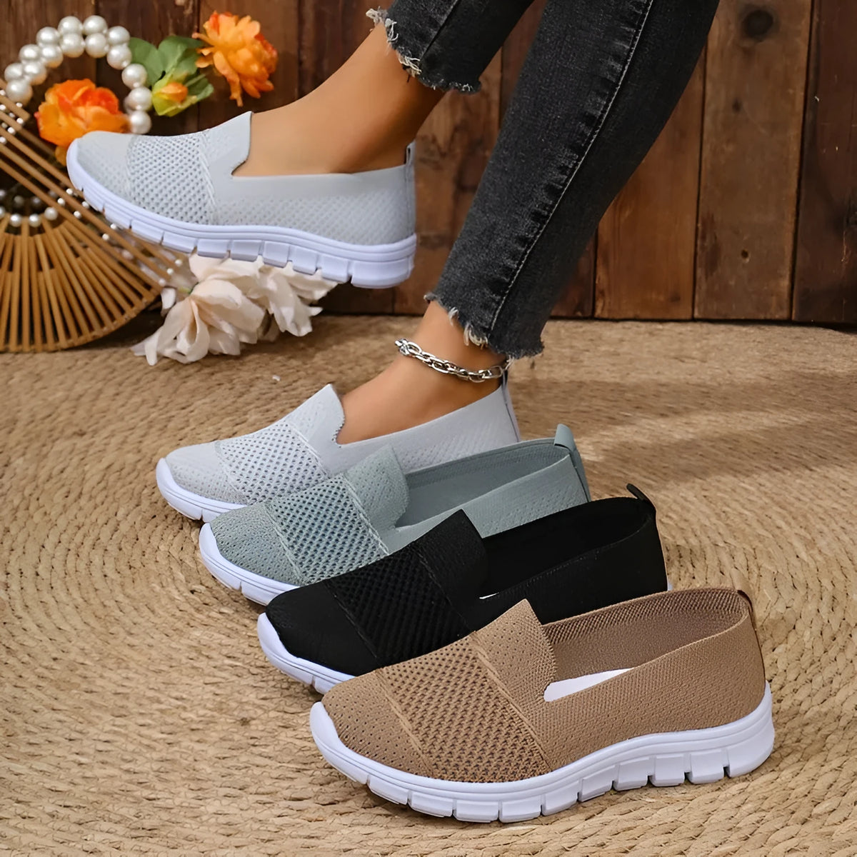 Women's mesh breathable flat casual shoes in black, light grey, dark grey, or khaki, sizes 36-43