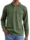 Retro washed long sleeve polo shirt in Army Green on a hanger.