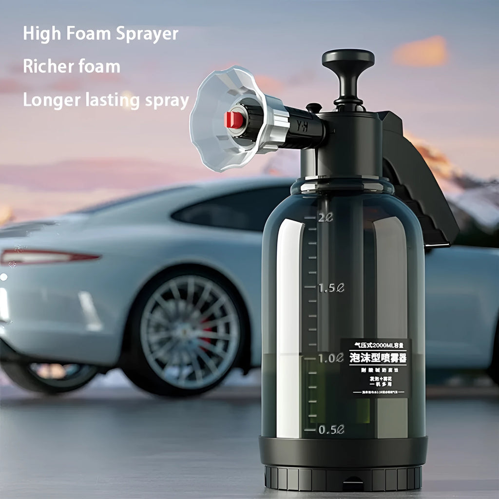 2L black manual car wash foam sprayer with hand-press pump, fan nozzle, and explosion-proof PP body