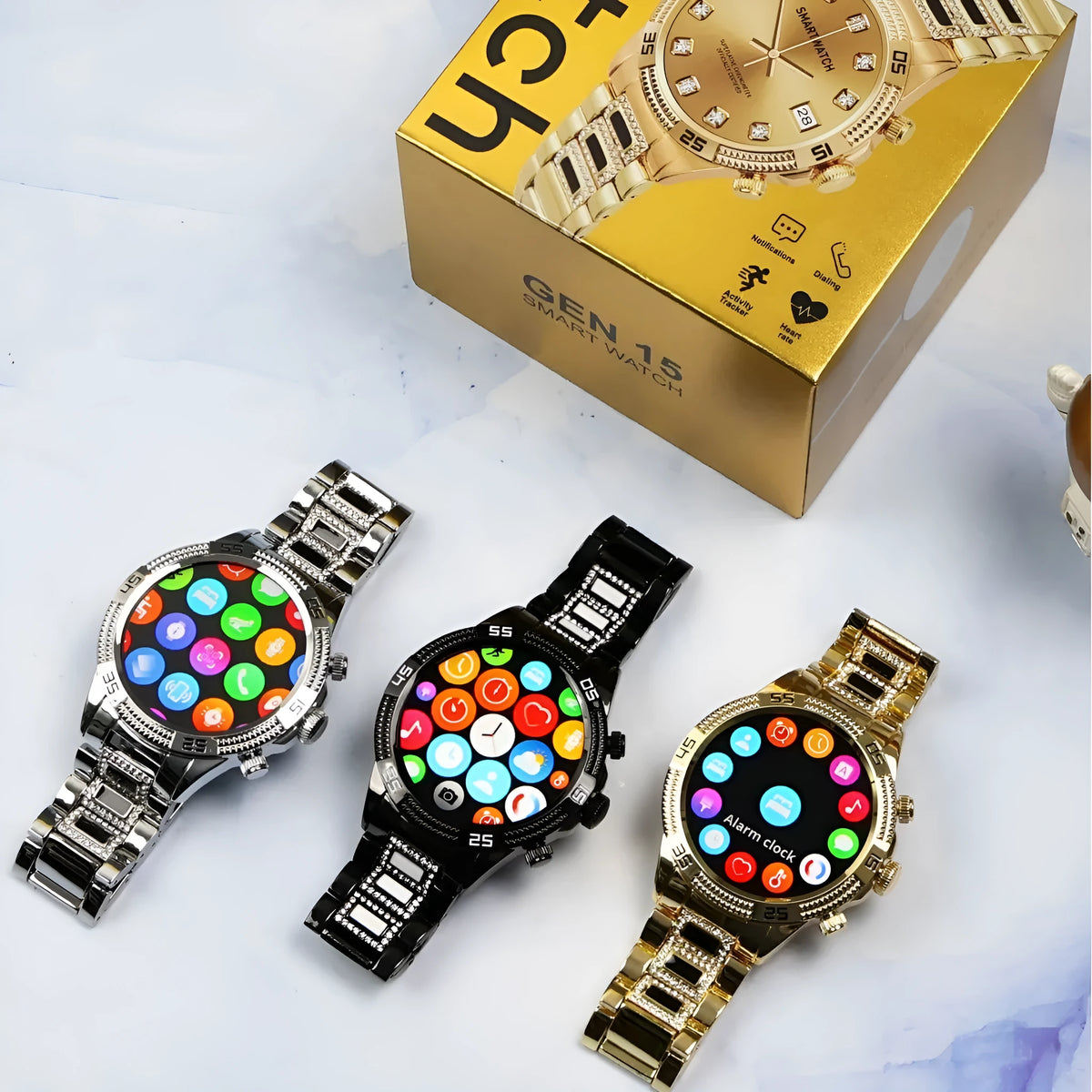 Bluetooth calling full diamond smartwatch in gold finish with TFT screen on wrist