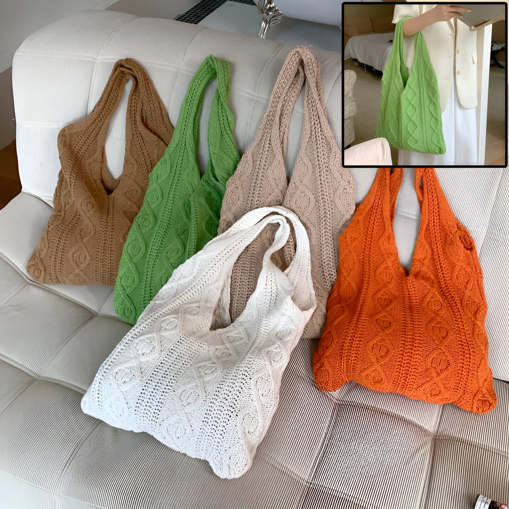 Retro hollow-knitted polyester shoulder tote bag in grass green, showing double straps and textured crochet design.