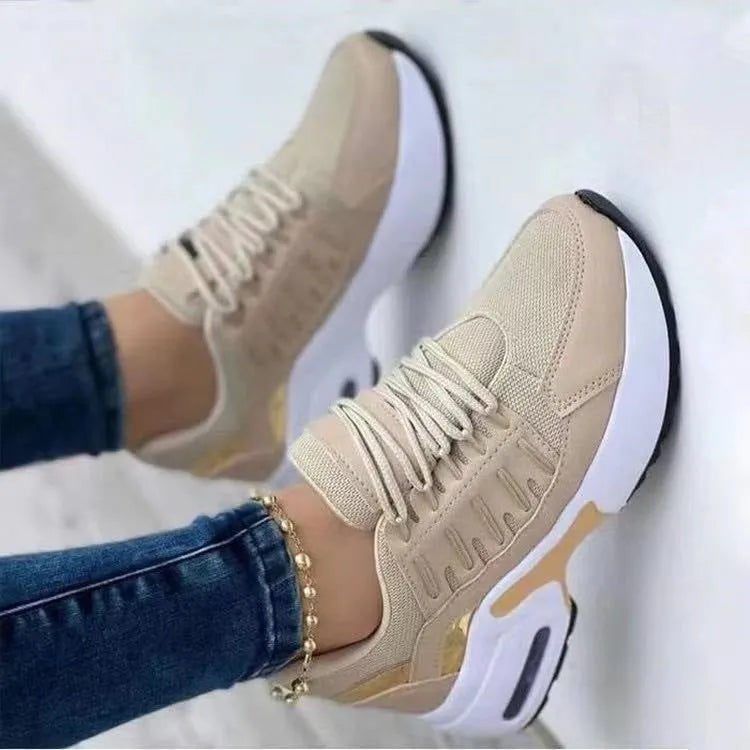 Lace up wedge heel sneakers with breathable mesh upper in colour option, low heel round toe design