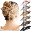 Six rose red plastic hair clips with frosted grip and pointed toe design arranged on white background