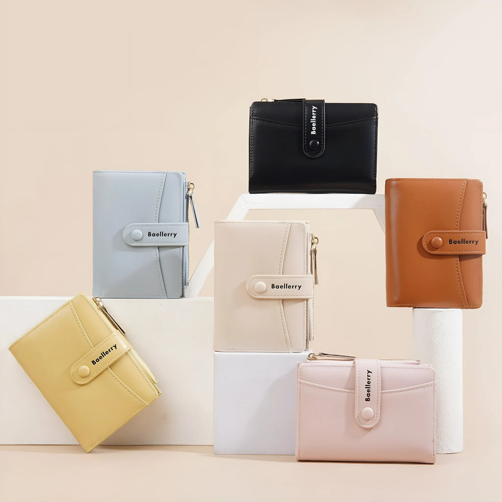 Women's short PU wallet in multiple colours showing compact design with interior compartments