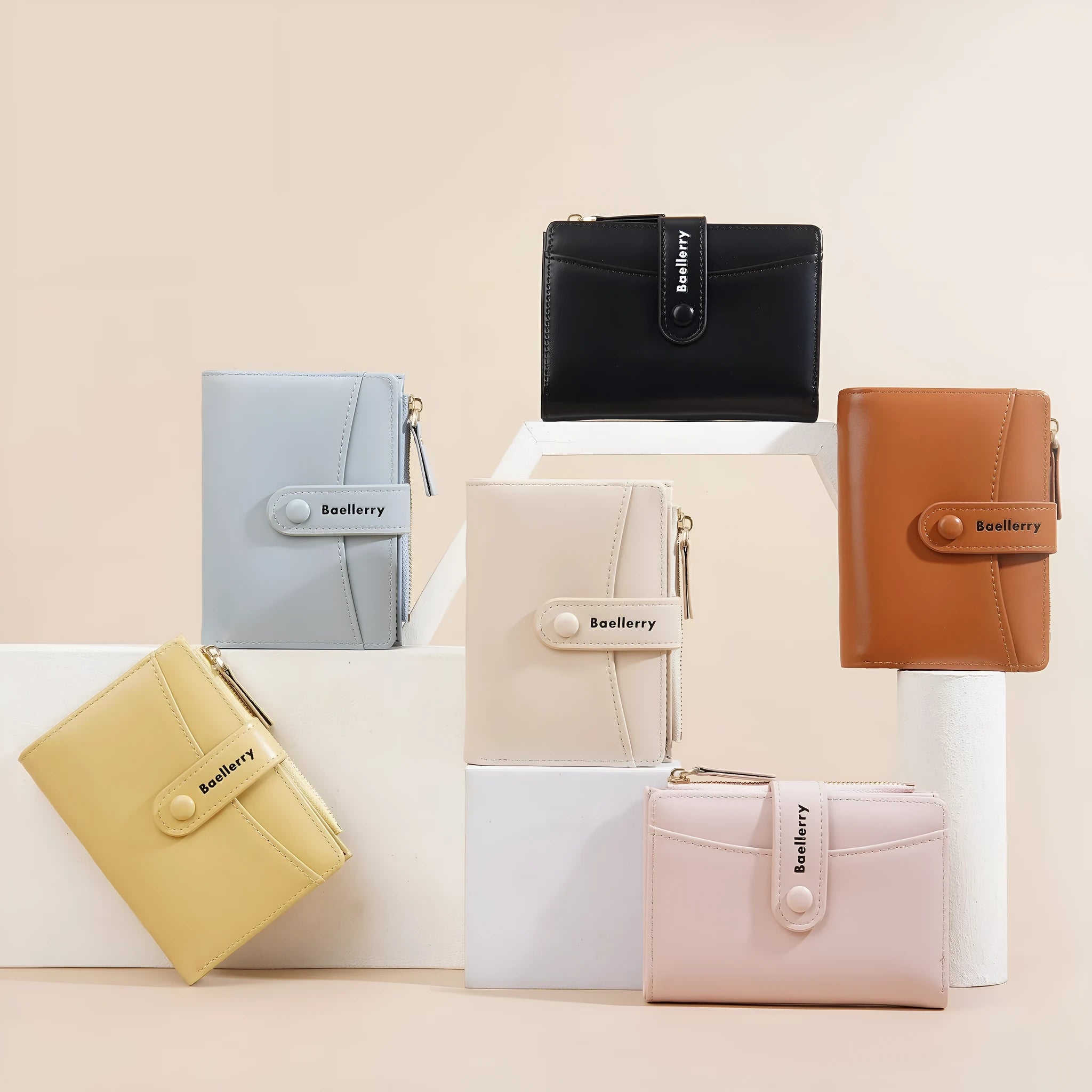 Women's short PU wallet in multiple colours showing compact design with interior compartments